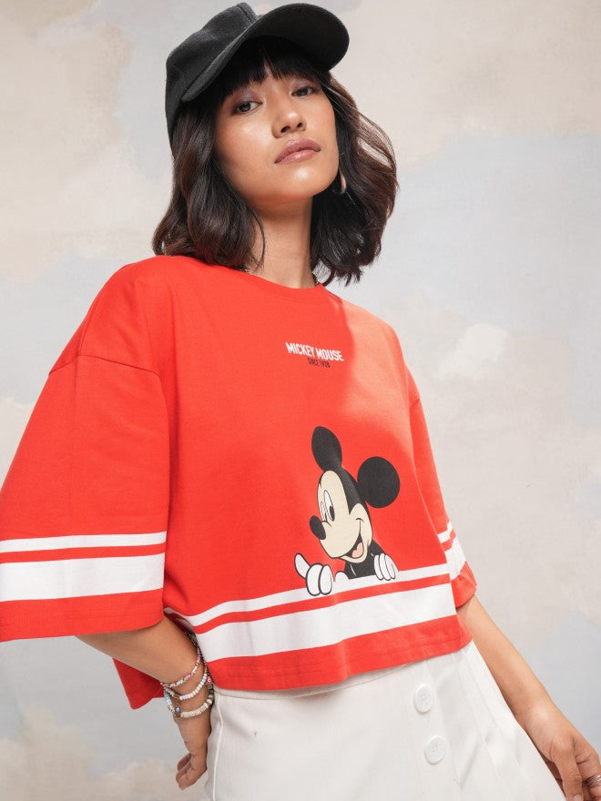 Disney By Tokyo Talkies Women Red Mickey Mouse Printed Round Neck T-Shirt - Red - Image 6