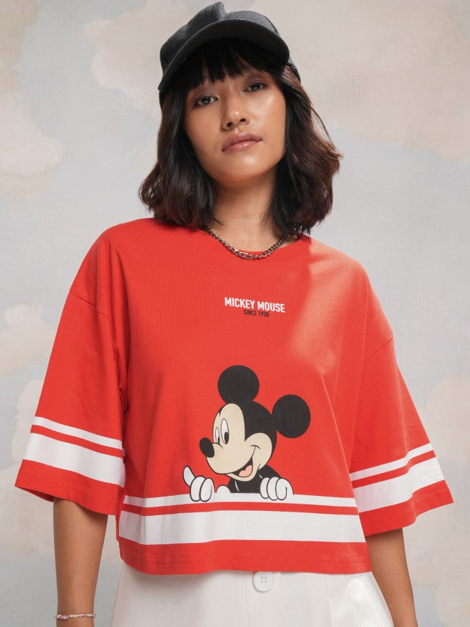 Disney By Tokyo Talkies Women Red Mickey Mouse Printed Round Neck T-Shirt - Red - Image 7