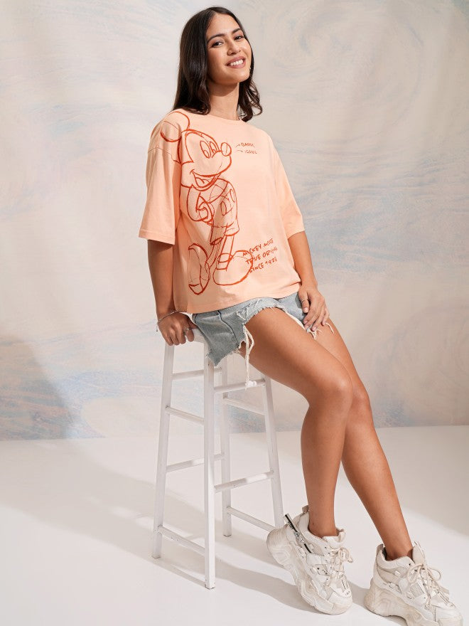 Disney By Tokyo Talkies Women Peach Mickey Mouse Printed Round Neck T-Shirt - Peach - Image 2