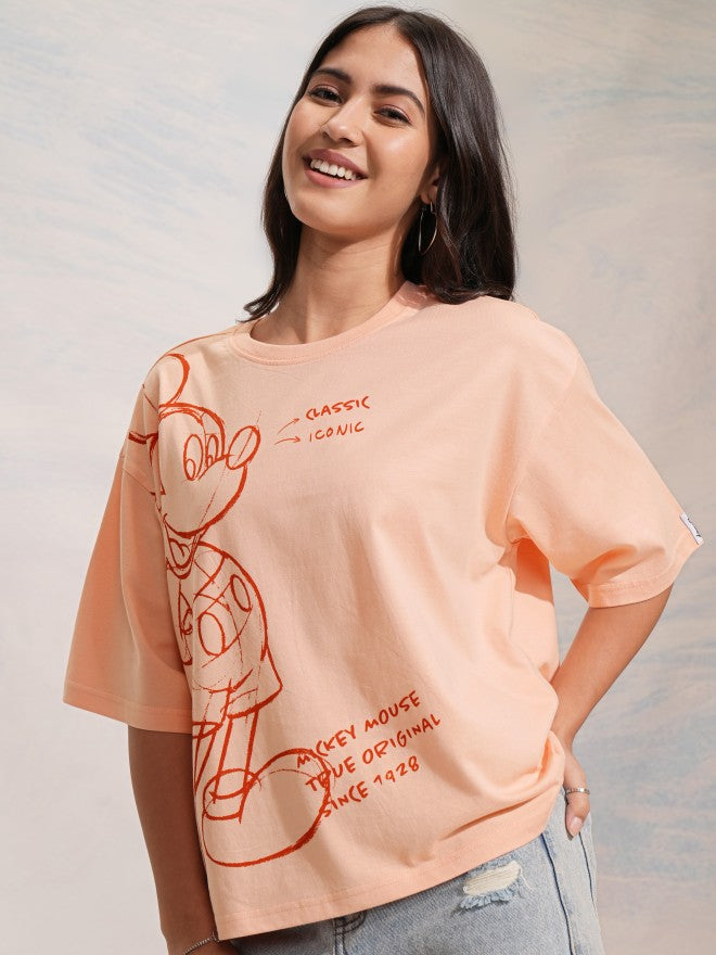 Disney By Tokyo Talkies Women Peach Mickey Mouse Printed Round Neck T-Shirt - Peach - Image 4