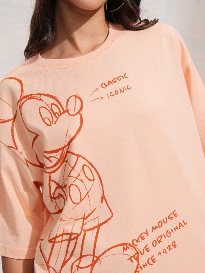 Disney By Tokyo Talkies Women Peach Mickey Mouse Printed Round Neck T-Shirt - Peach - Image 5