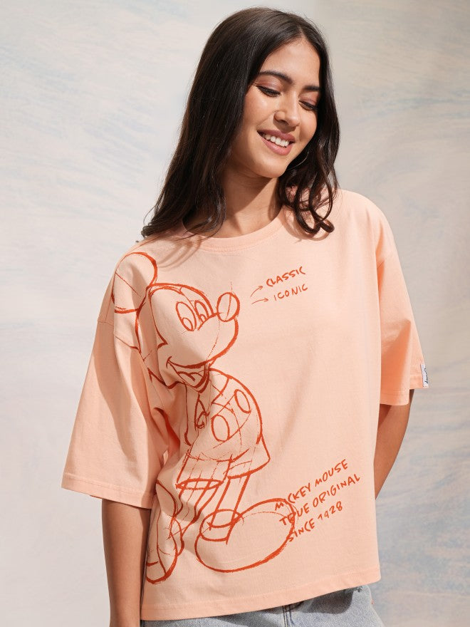 Disney By Tokyo Talkies Women Peach Mickey Mouse Printed Round Neck T-Shirt - Peach - Image 6
