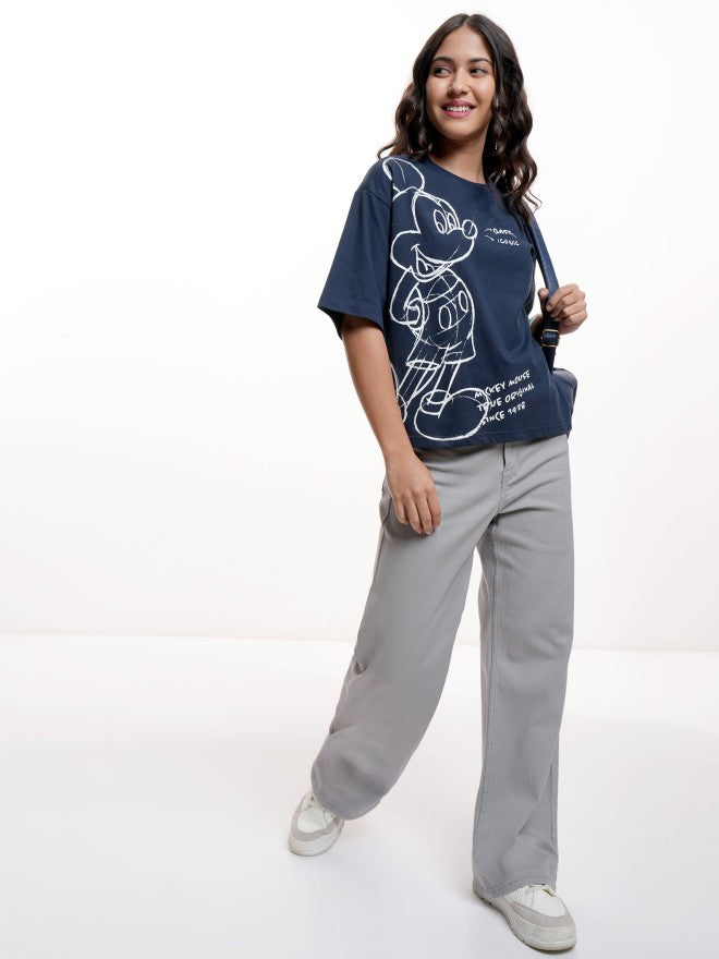Disney By Tokyo Talkies Women Navy Blue Mickey Mouse Printed Round Neck T-Shirt - Navy Blue - Image 2