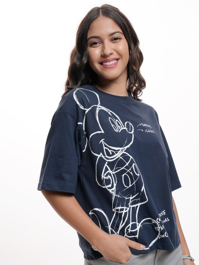 Disney By Tokyo Talkies Women Navy Blue Mickey Mouse Printed Round Neck T-Shirt - Navy Blue - Image 6