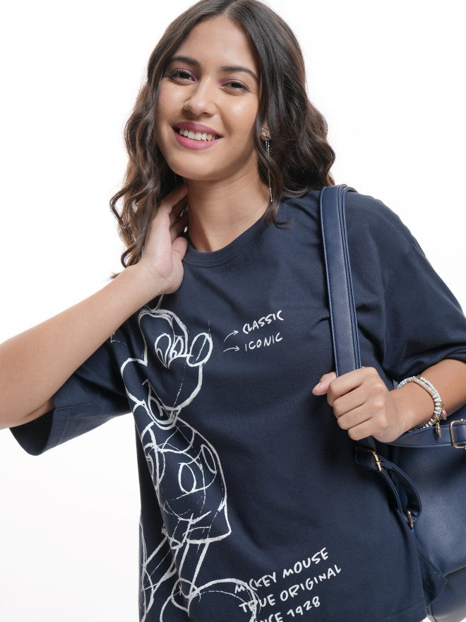 Disney By Tokyo Talkies Women Navy Blue Mickey Mouse Printed Round Neck T-Shirt - Navy Blue - Image 7