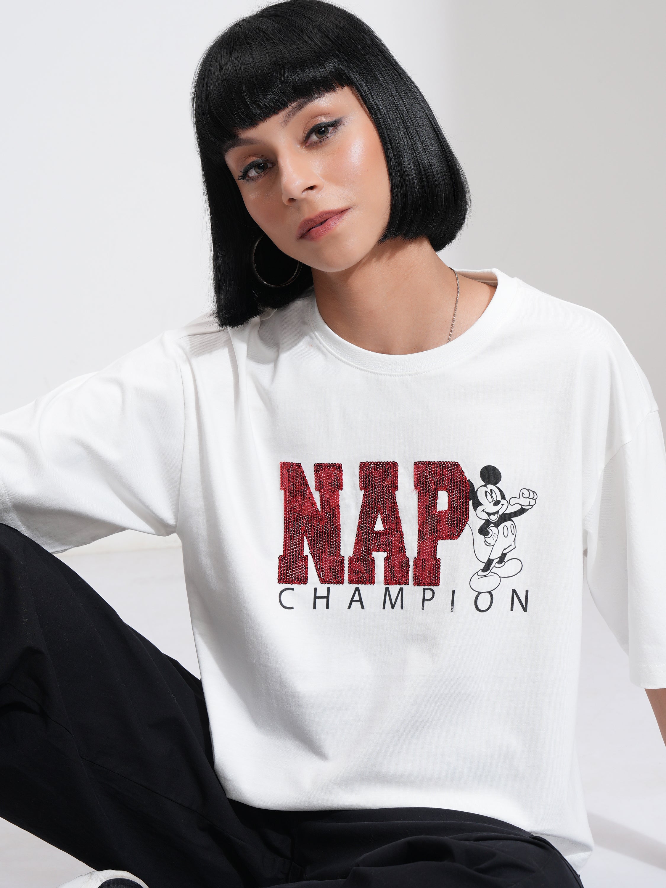 Disney By Tokyo Talkies Women White Mickey Mouse Printed Round Neck T-Shirt - White - Image 1