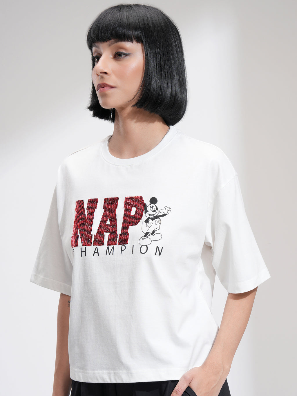 Disney By Tokyo Talkies Women White Mickey Mouse Printed Round Neck T-Shirt - White - Image 4