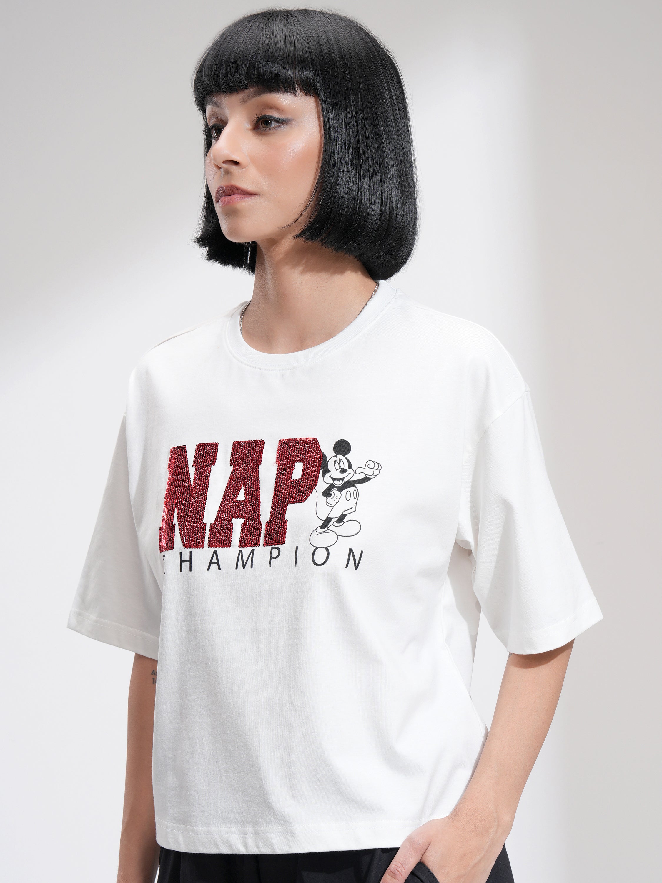 Disney By Tokyo Talkies Women White Mickey Mouse Printed Round Neck T-Shirt - White - Image 4