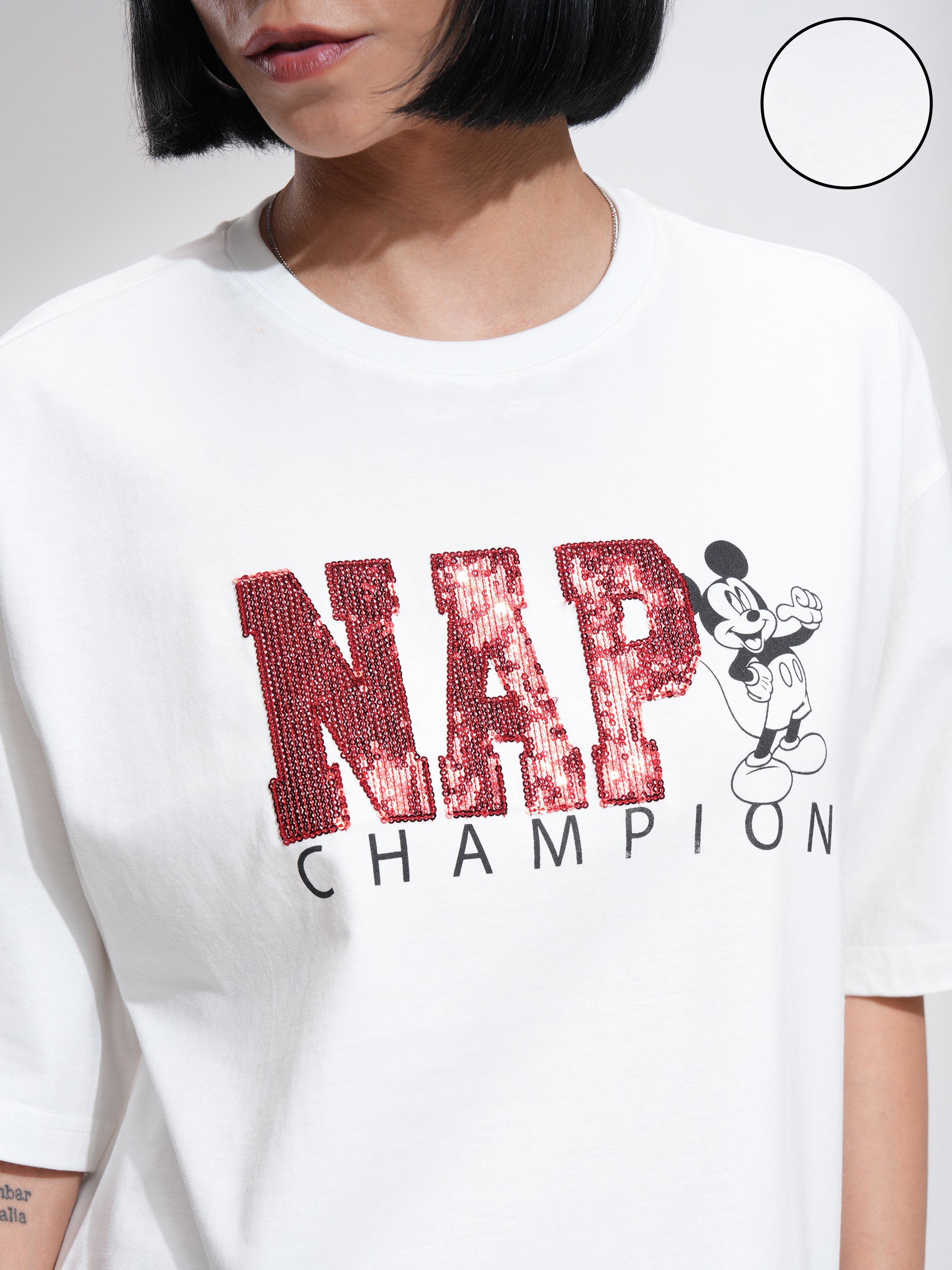 Disney By Tokyo Talkies Women White Mickey Mouse Printed Round Neck T-Shirt - White - Image 5