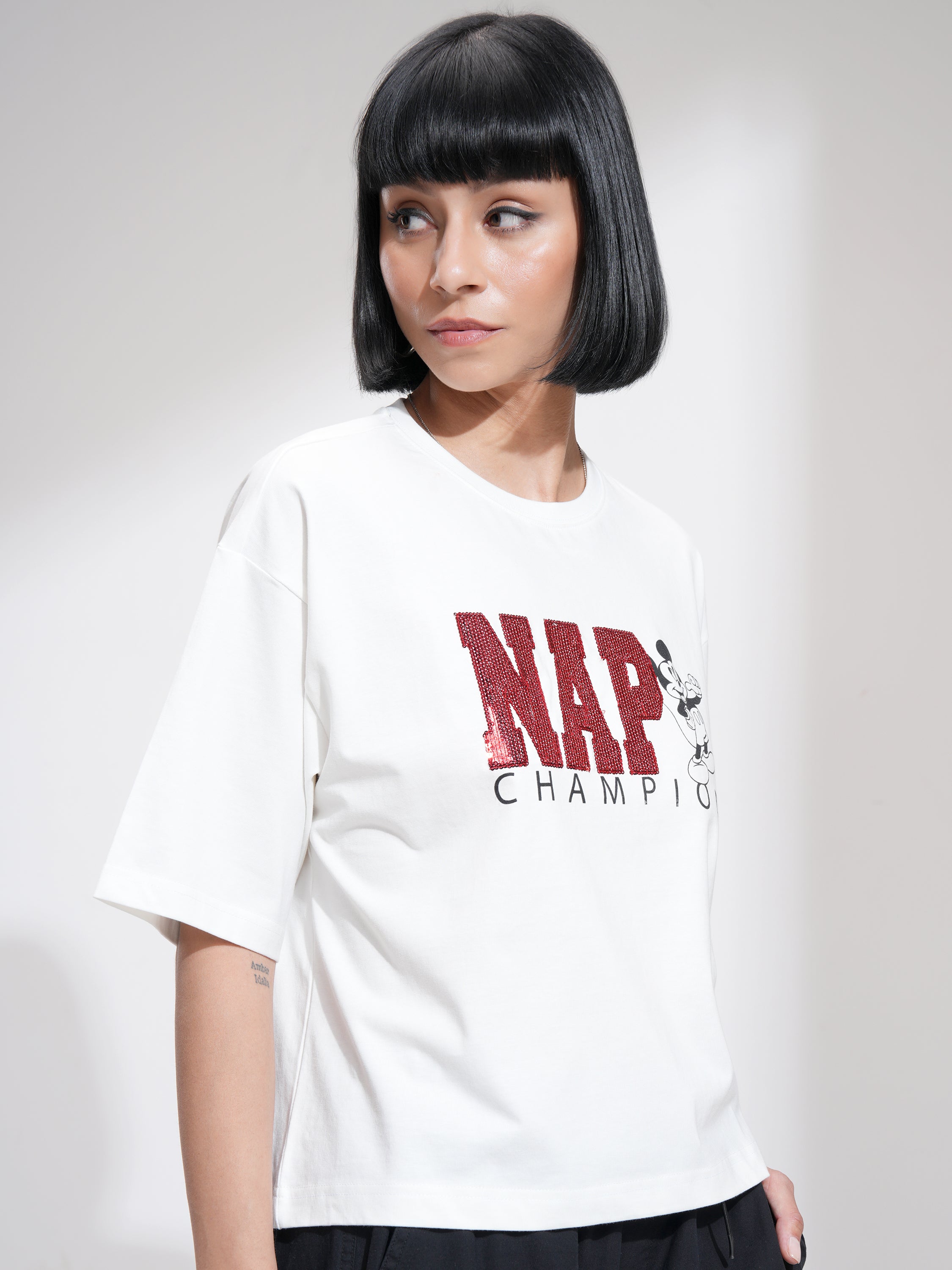 Disney By Tokyo Talkies Women White Mickey Mouse Printed Round Neck T-Shirt - White - Image 6