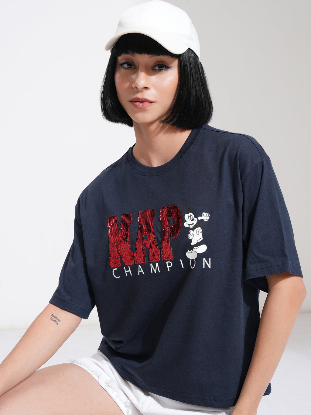 Disney By Tokyo Talkies Women Navy Blue Mickey Mouse Printed Round Neck T-Shirt - Navy Blue - Image 1