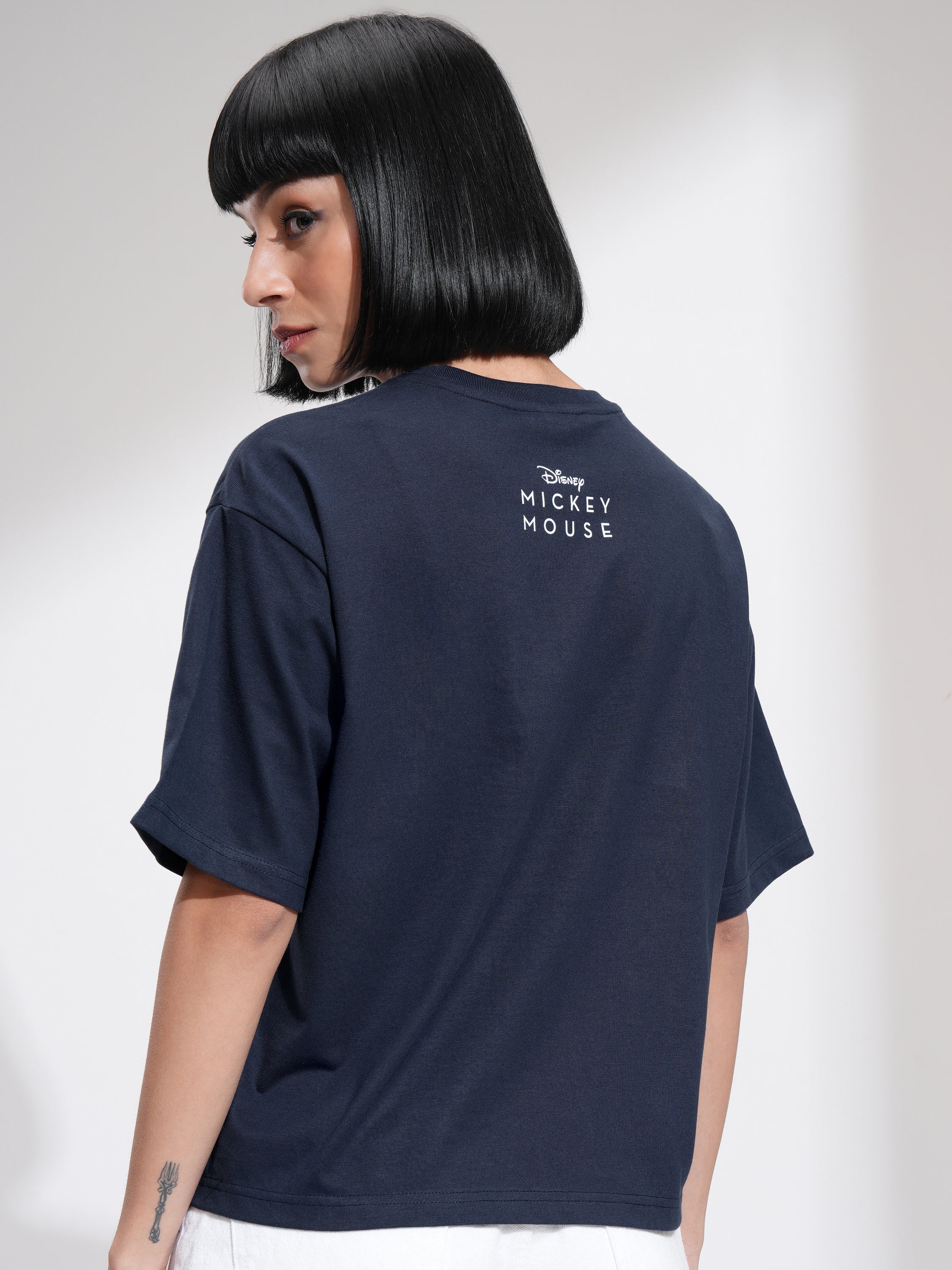 Disney By Tokyo Talkies Women Navy Blue Mickey Mouse Printed Round Neck T-Shirt - Navy Blue - Image 3