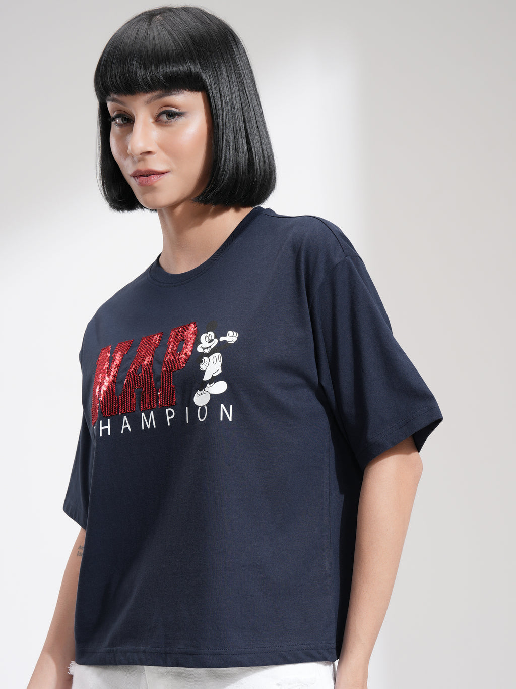 Disney By Tokyo Talkies Women Navy Blue Mickey Mouse Printed Round Neck T-Shirt - Navy Blue - Image 4