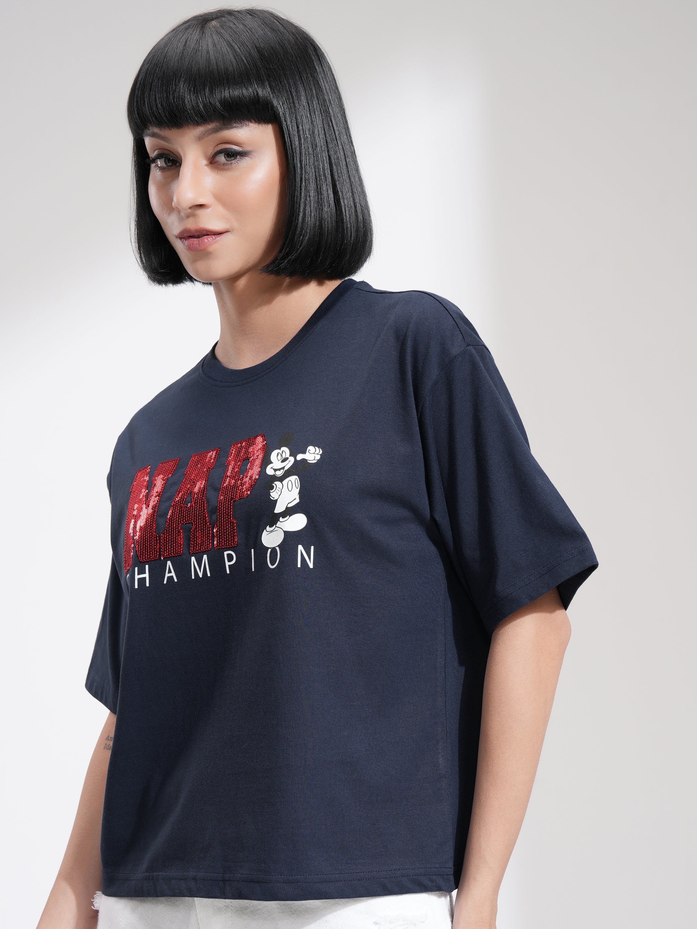 Disney By Tokyo Talkies Women Navy Blue Mickey Mouse Printed Round Neck T-Shirt - Navy Blue - Image 4