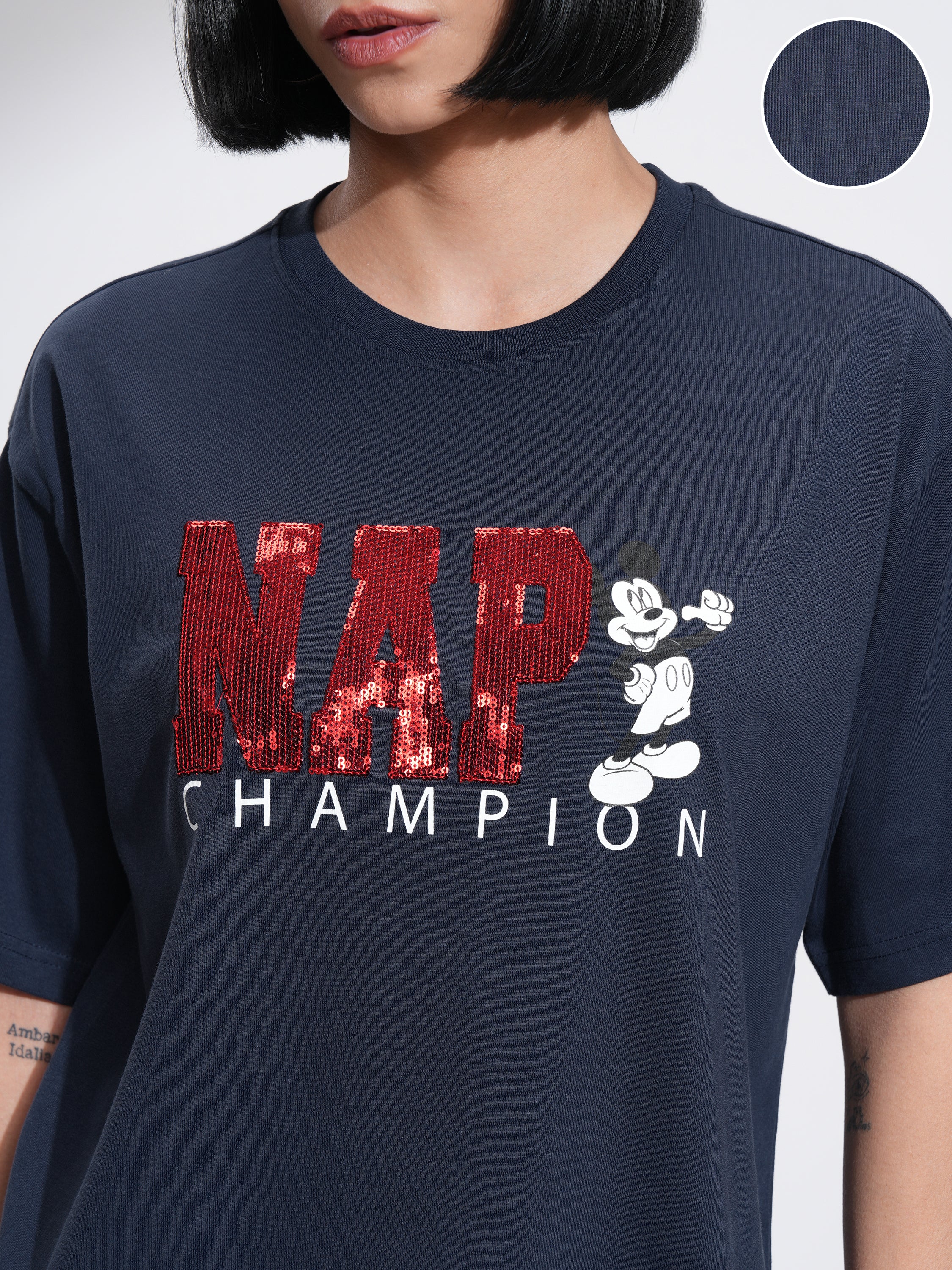 Disney By Tokyo Talkies Women Navy Blue Mickey Mouse Printed Round Neck T-Shirt - Navy Blue - Image 5