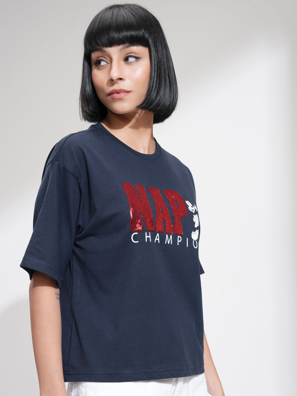 Disney By Tokyo Talkies Women Navy Blue Mickey Mouse Printed Round Neck T-Shirt - Navy Blue - Image 6
