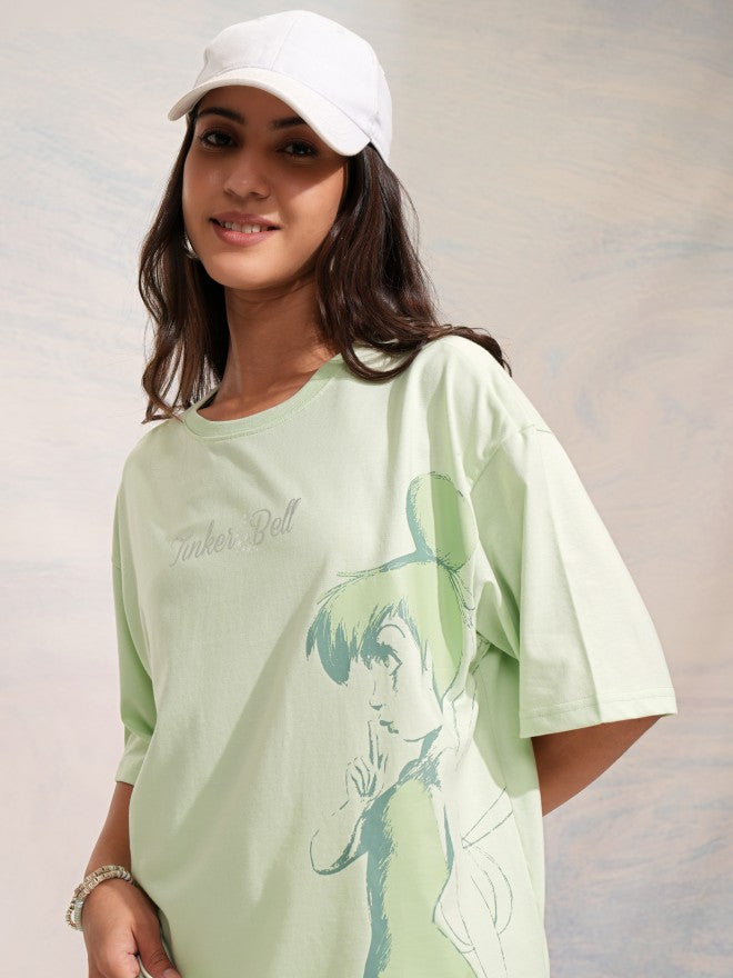 Disney By Tokyo Talkies Women Green Tinker Bell Printed Round Neck T-Shirt - Green - Image 1