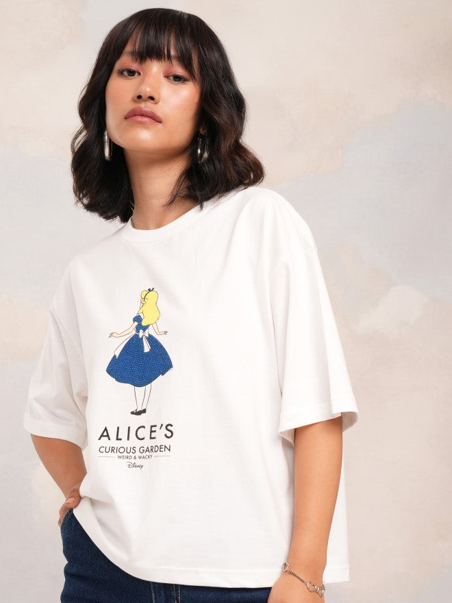 Disney By Tokyo Talkies Women White Alice Printed Round Neck T-Shirt - White - Image 4
