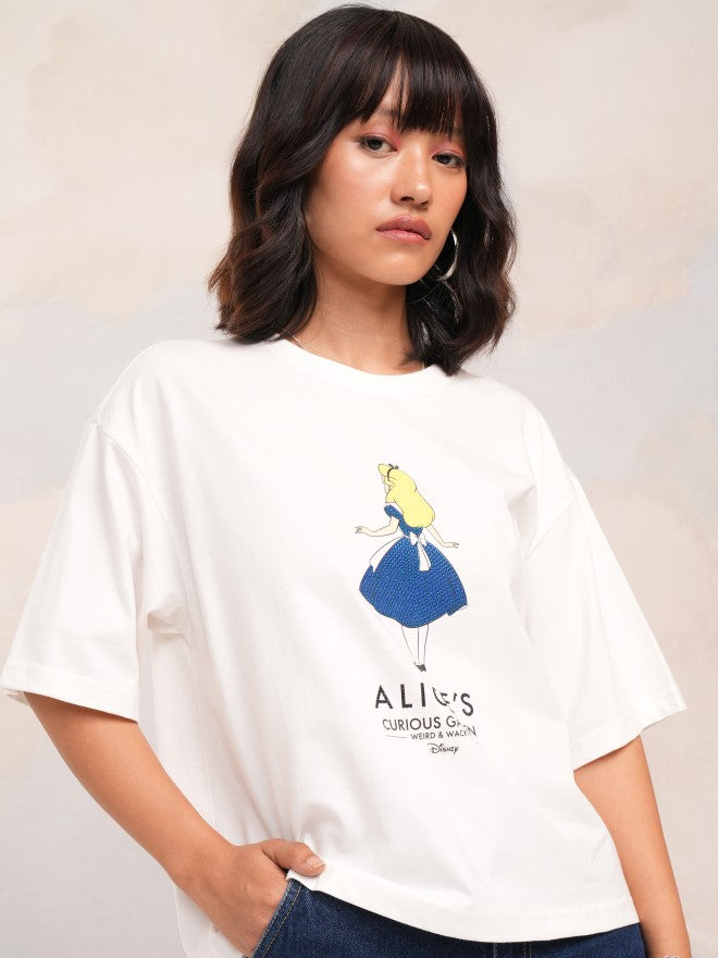 Disney By Tokyo Talkies Women White Alice Printed Round Neck T-Shirt - White - Image 6