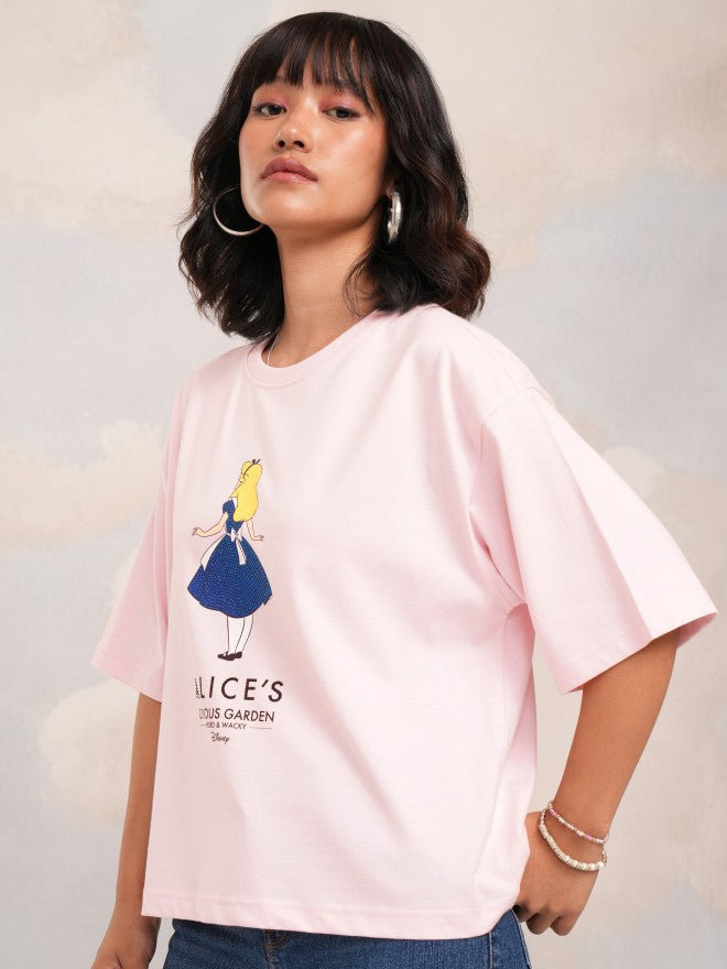 Disney By Tokyo Talkies Women Pink Alice Printed Round Neck T-Shirt - Pink - Image 4