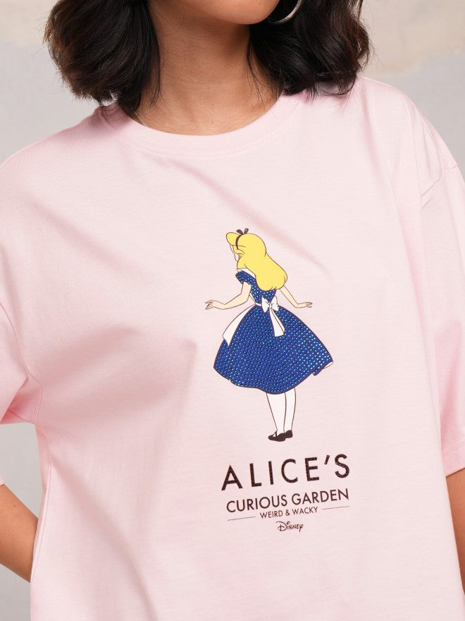 Disney By Tokyo Talkies Women Pink Alice Printed Round Neck T-Shirt - Pink - Image 5