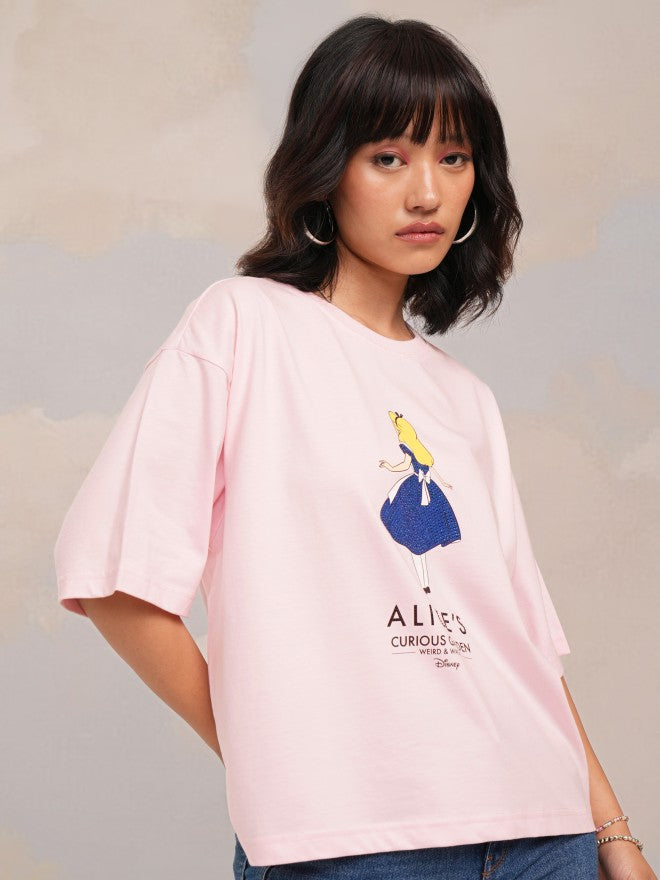Disney By Tokyo Talkies Women Pink Alice Printed Round Neck T-Shirt - Pink - Image 6