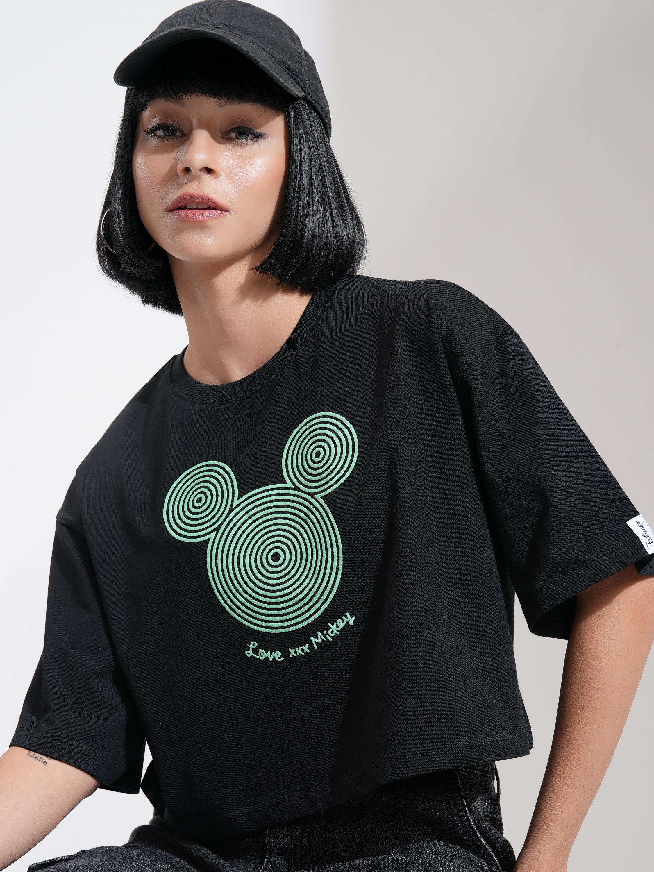 Disney By Tokyo Talkies Women Black Mickey Mouse Printed Round Neck T-Shirt - Black - Image 1