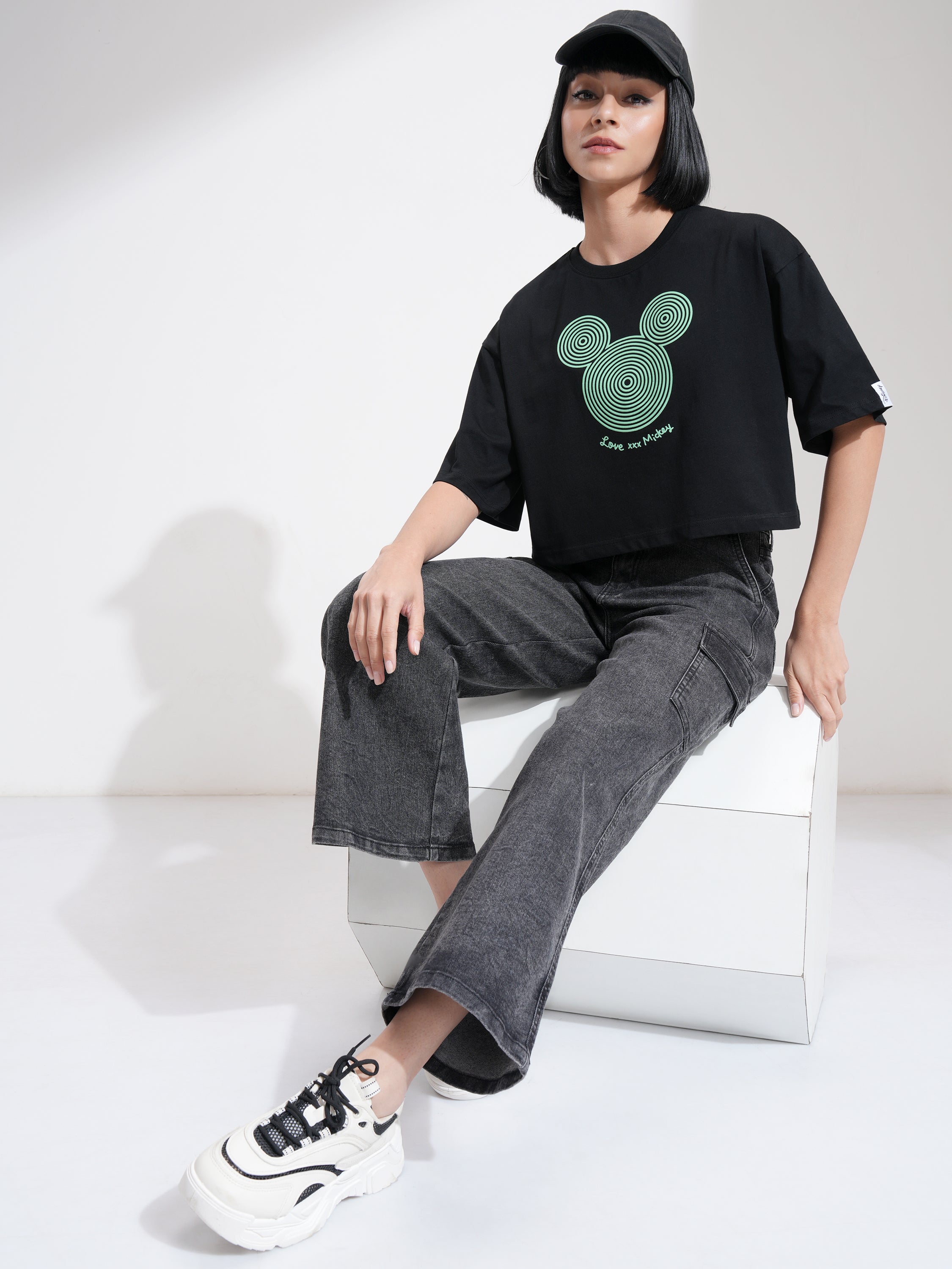 Disney By Tokyo Talkies Women Black Mickey Mouse Printed Round Neck T-Shirt - Black - Image 2