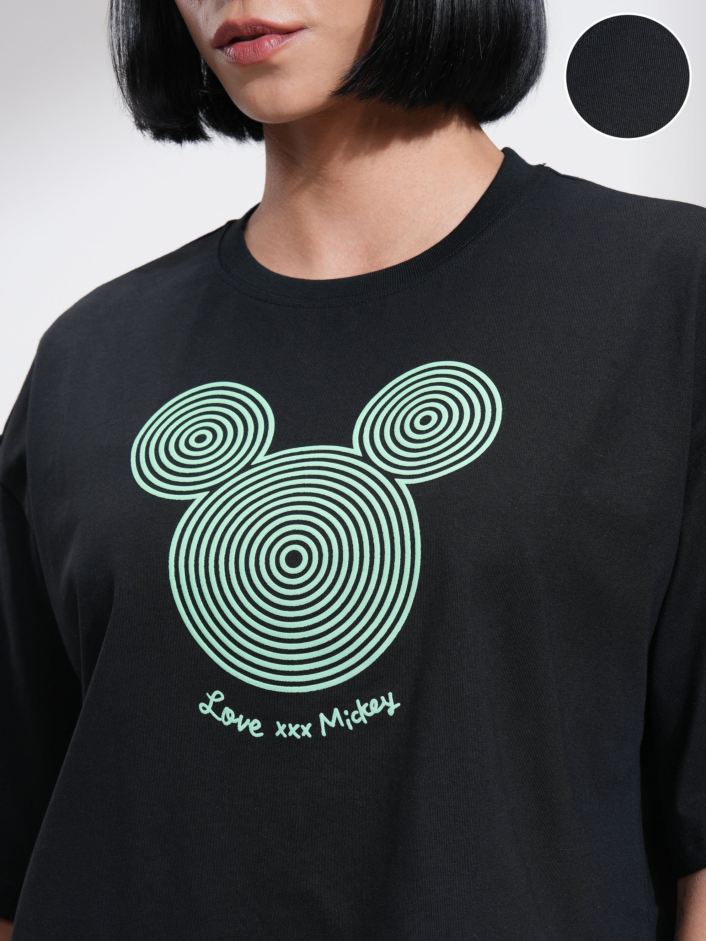 Disney By Tokyo Talkies Women Black Mickey Mouse Printed Round Neck T-Shirt - Black - Image 5