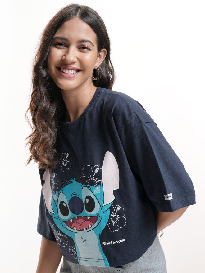 Disney By Tokyo Talkies Women Navy Blue Stitch Printed Round Neck T-Shirt - Navy Blue - Image 4