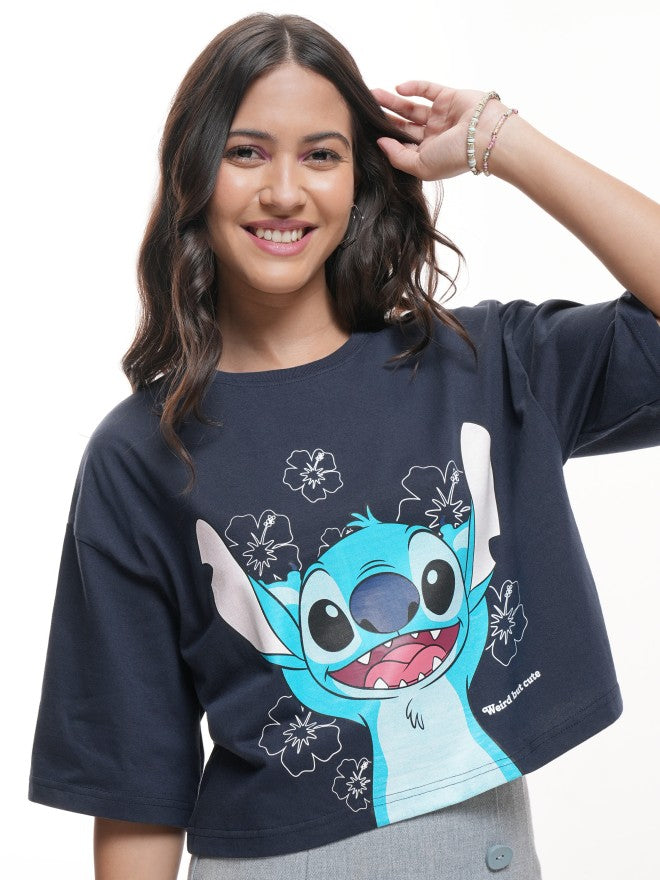 Disney By Tokyo Talkies Women Navy Blue Stitch Printed Round Neck T-Shirt - Navy Blue - Image 6