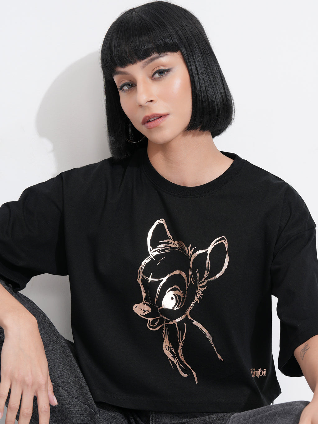 Disney By Tokyo Talkies Women Black Bambi Printed Round Neck T-Shirt - Black - Image 1