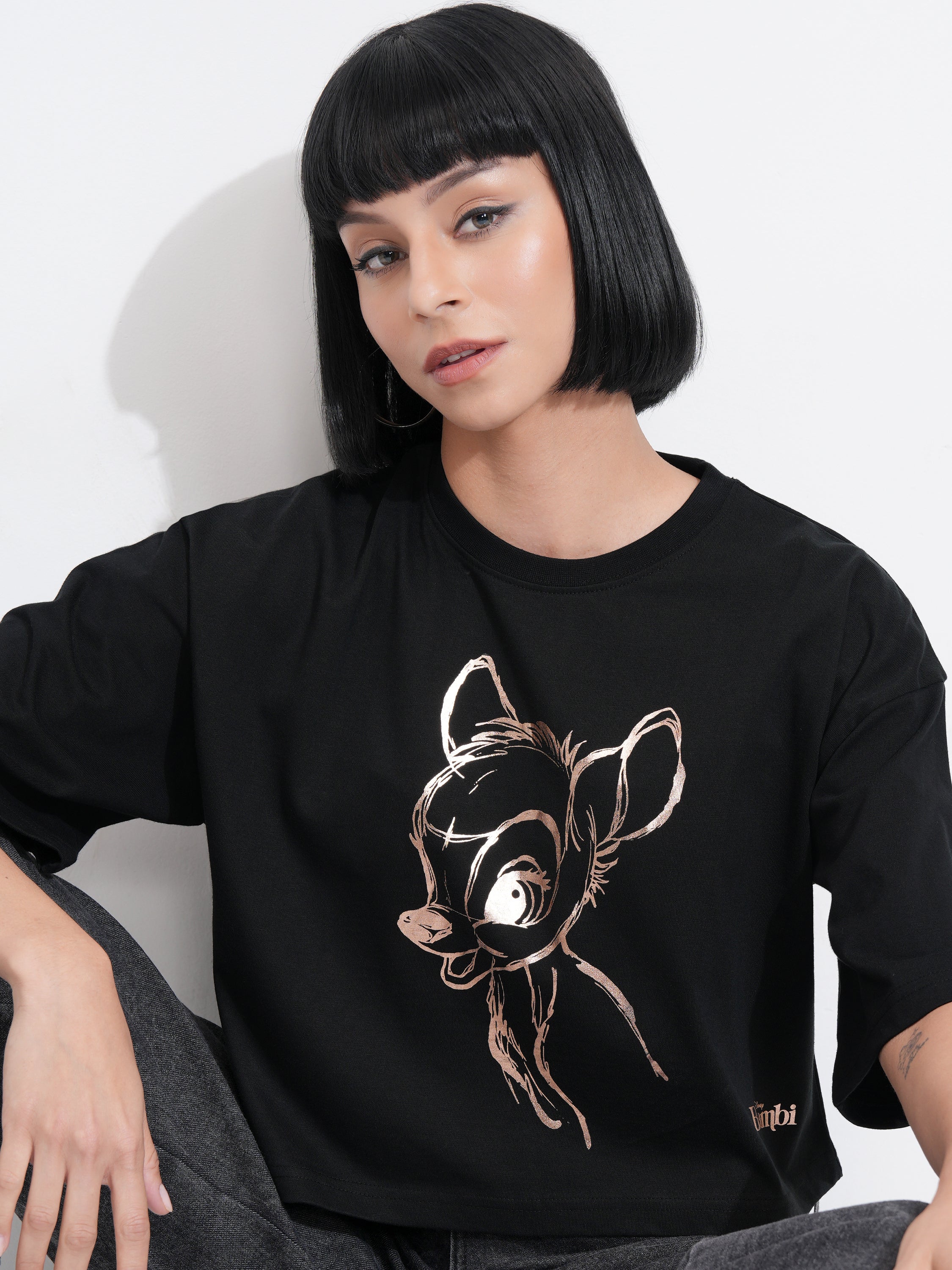 Disney By Tokyo Talkies Women Black Bambi Printed Round Neck T-Shirt - Black - Image 1