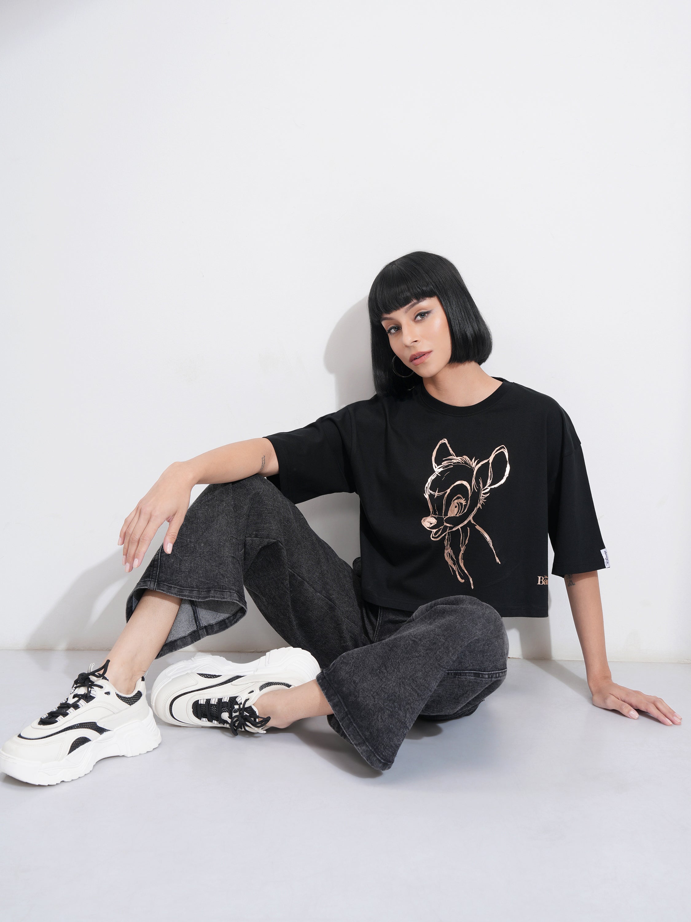 Disney By Tokyo Talkies Women Black Bambi Printed Round Neck T-Shirt - Black - Image 2