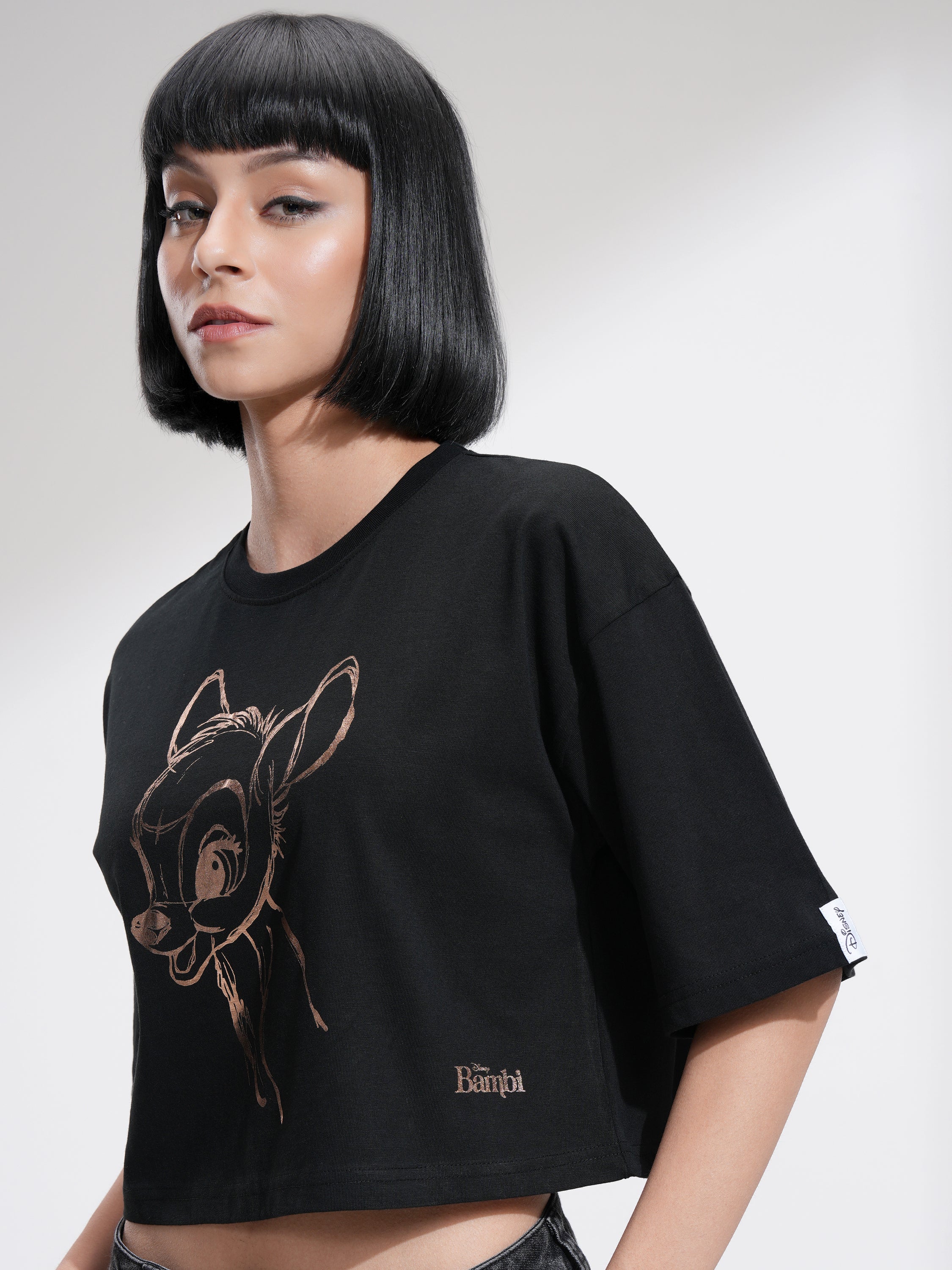 Disney By Tokyo Talkies Women Black Bambi Printed Round Neck T-Shirt - Black - Image 4