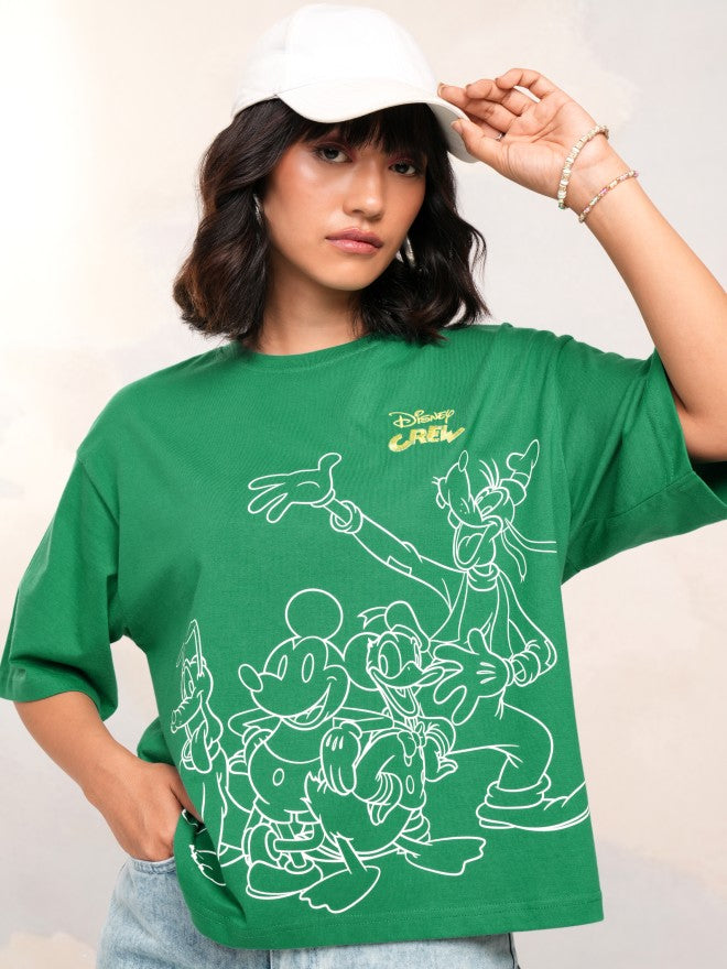 Disney By Tokyo Talkies Women Green Mickey Mouse Printed Round Neck T-Shirt - Green - Image 1