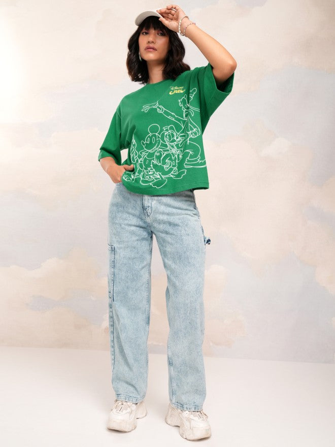 Disney By Tokyo Talkies Women Green Mickey Mouse Printed Round Neck T-Shirt - Green - Image 2