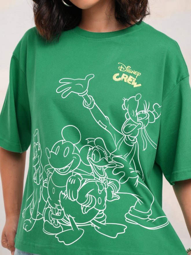 Disney By Tokyo Talkies Women Green Mickey Mouse Printed Round Neck T-Shirt - Green - Image 5