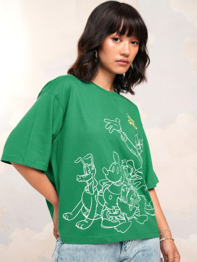 Disney By Tokyo Talkies Women Green Mickey Mouse Printed Round Neck T-Shirt - Green - Image 6