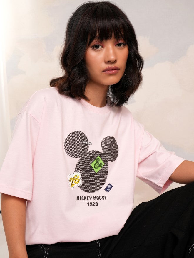 Disney By Tokyo Talkies Women Pink Mickey Mouse Printed Round Neck T-Shirt - Pink - Image 1