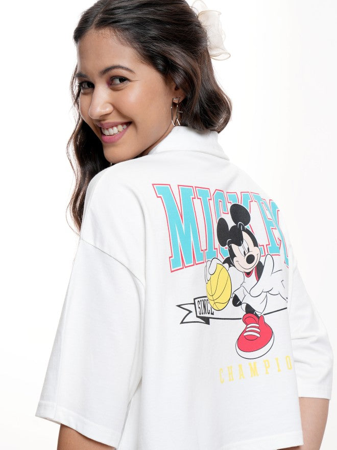 Disney By Tokyo Talkies Women White Mickey Mouse Printed Polo Collar T-Shirt - White - Image 1