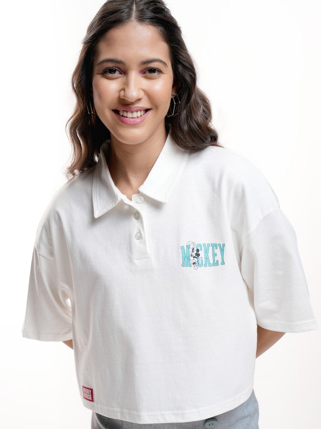 Disney By Tokyo Talkies Women White Mickey Mouse Printed Polo Collar T-Shirt - White - Image 3