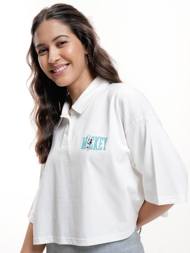 Disney By Tokyo Talkies Women White Mickey Mouse Printed Polo Collar T-Shirt - White - Image 4