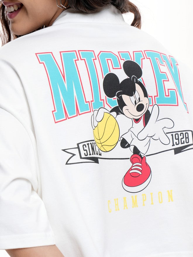 Disney By Tokyo Talkies Women White Mickey Mouse Printed Polo Collar T-Shirt - White - Image 5