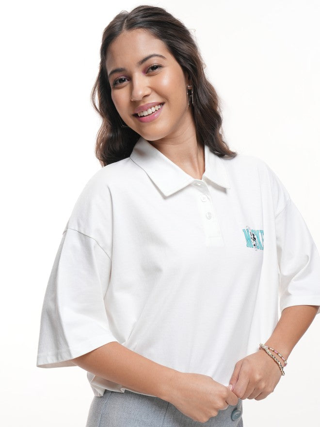 Disney By Tokyo Talkies Women White Mickey Mouse Printed Polo Collar T-Shirt - White - Image 6