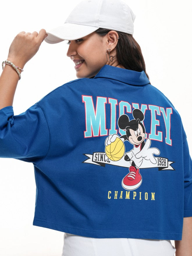 Disney By Tokyo Talkies Women Blue Mickey Mouse Printed Polo Collar T-Shirt - Blue - Image 1