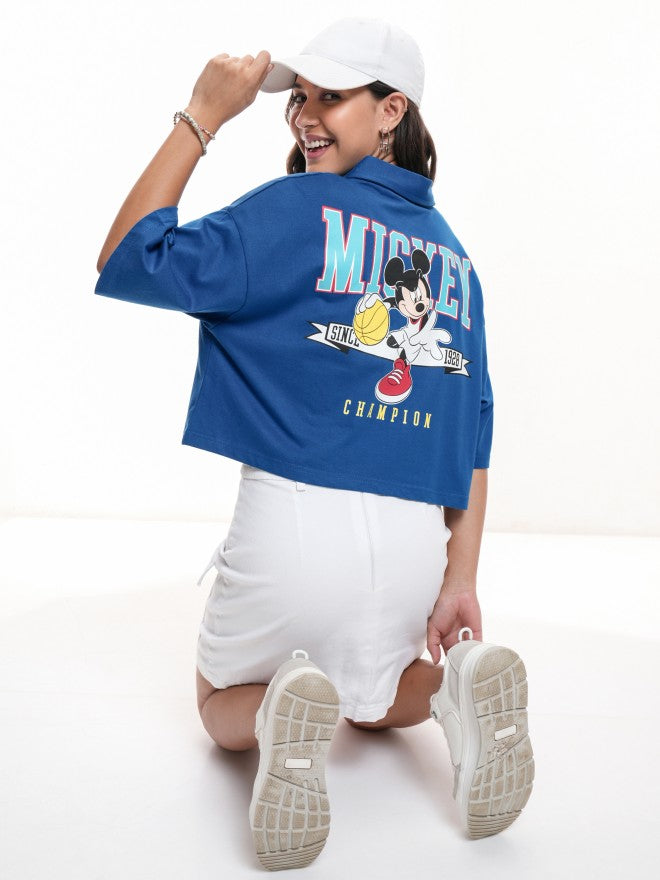 Disney By Tokyo Talkies Women Blue Mickey Mouse Printed Polo Collar T-Shirt - Blue - Image 2
