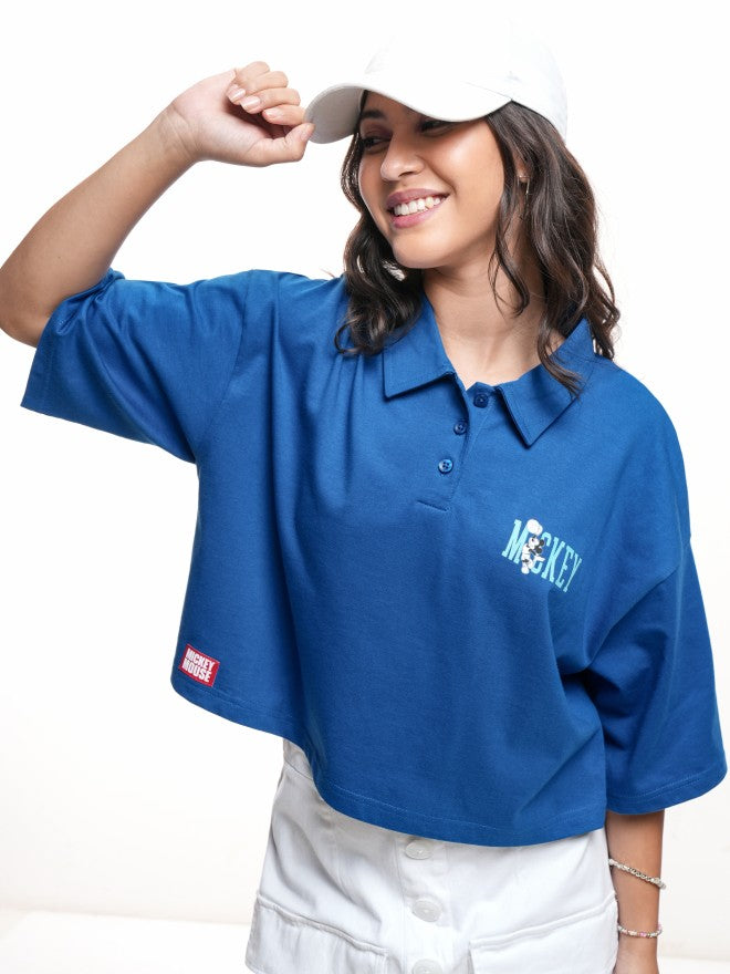 Disney By Tokyo Talkies Women Blue Mickey Mouse Printed Polo Collar T-Shirt - Blue - Image 3