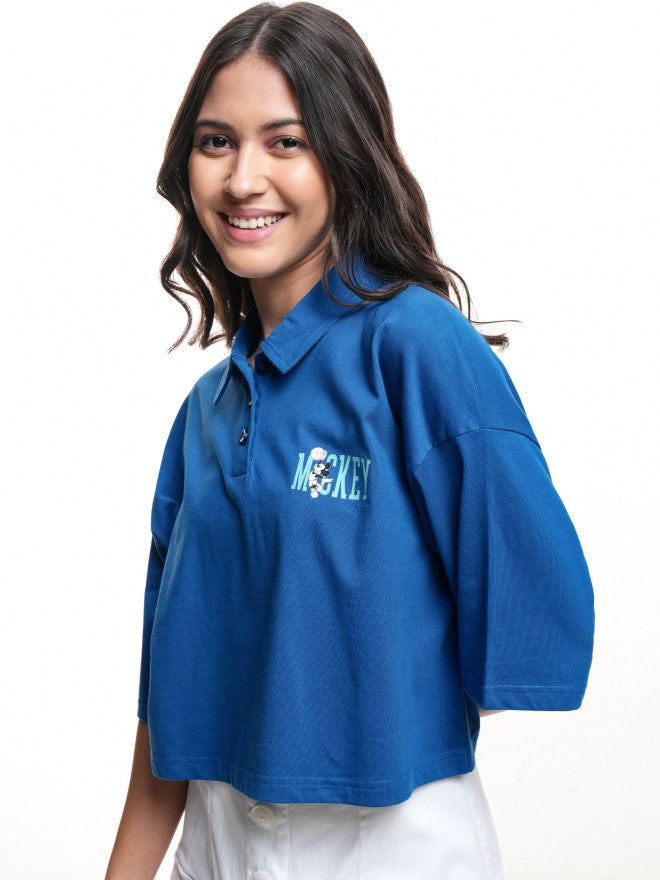 Disney By Tokyo Talkies Women Blue Mickey Mouse Printed Polo Collar T-Shirt - Blue - Image 4
