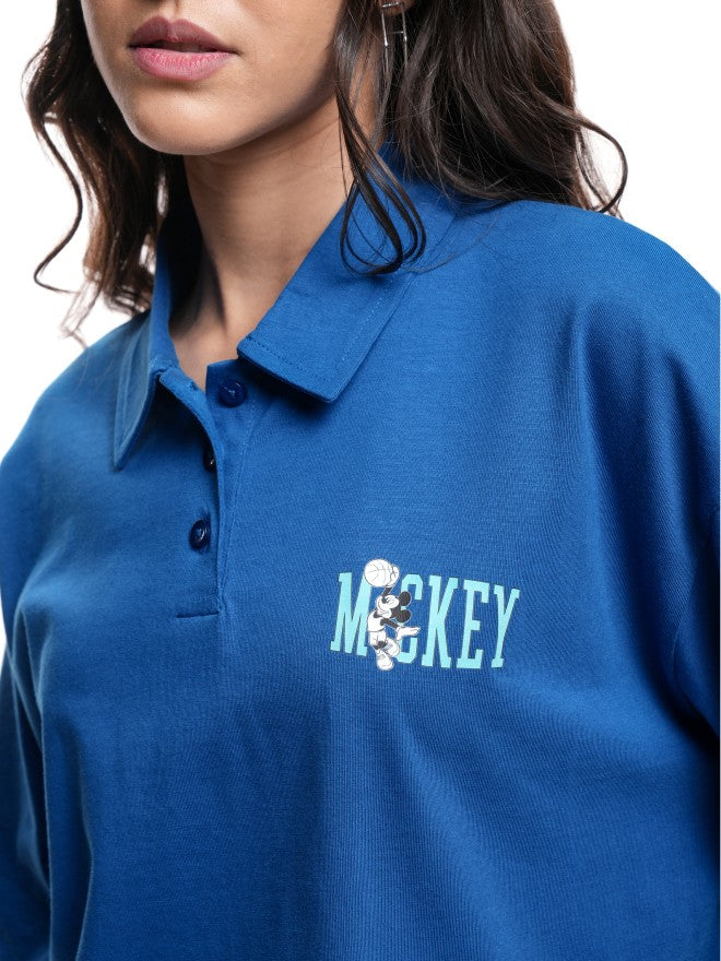 Disney By Tokyo Talkies Women Blue Mickey Mouse Printed Polo Collar T-Shirt - Blue - Image 5